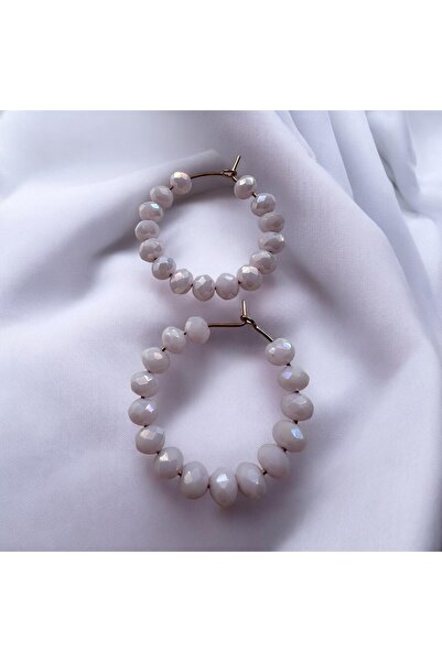 ALS Tasarım Dünyası Beige Color Bead Hoop Earrings on Gold Color Chain