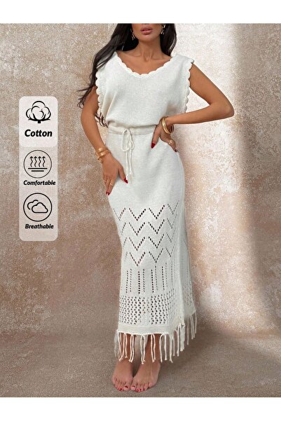 ÖZKURTOĞLU COLLECTİON Tasseled Knitwear Summer Women's Beach Dress