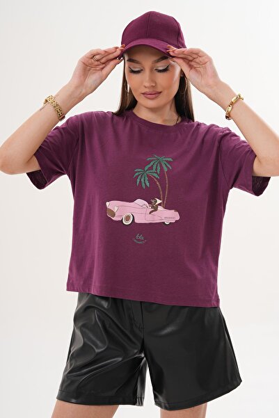 ŞİMAL Γυναικείο μπλουζάκι με λεπτομέρεια στάμπας και λαιμόκοψη ποδηλάτου, ove...