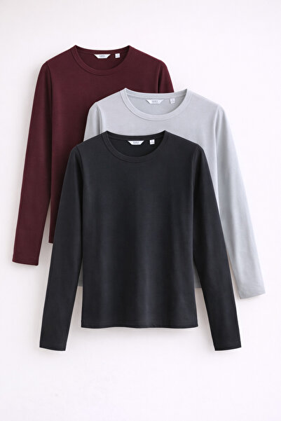 COMBİNE MİCHAİL Women's Long Sleeve Cotton Basic Slim Fit 3-Piece Blouse