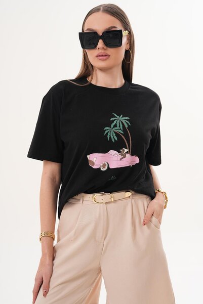 ŞİMAL تي شيرت نسائي كبير الحجم بياقة دائرية وتفاصيل مطبوعة 260145 -