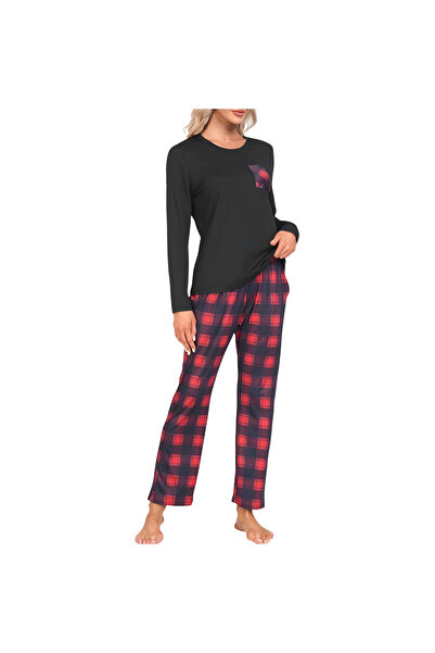 OEM MoFiz Women's Pajamas - 2 Piece Set in Checked, Cotton and Elastane, Blac...