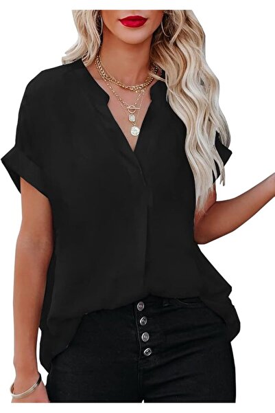 OEM Bluză de Vară Damă - Decolteu V, Croială Lejeră, Material Aerisit - Mânec...