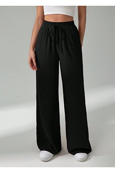 Hera Moda Γυναικείο ίσιο μαύρο παντελόνι με κορδόνια στη μέση και τσέπες, φαρ...