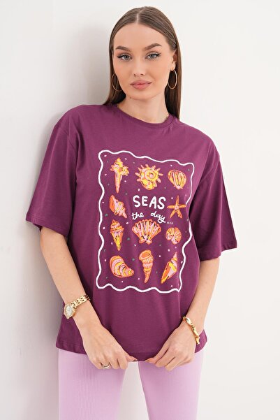 ŞİMAL Γυναικείο μπλουζάκι με λεπτομέρεια στάμπας και λαιμόκοψη ποδηλάτου, ove...