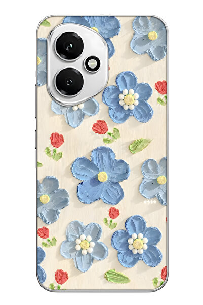 FLAMENKO Honor 400 Uyumlu Mavi Yağlı Boya Çiçek Desenli Şeffaf Telefon Kılıfı
