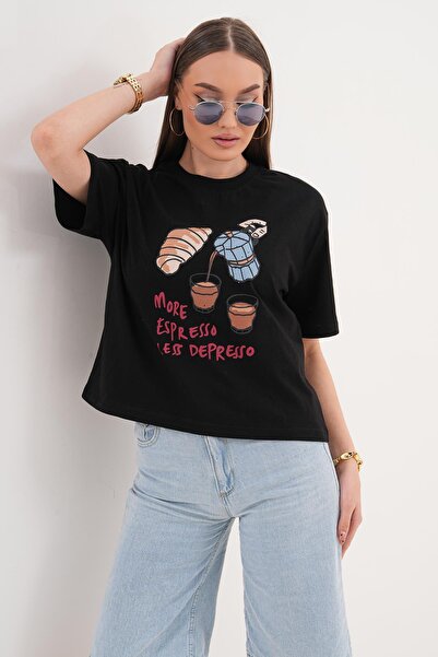 ŞİMAL Γυναικείο μπλουζάκι με λεπτομέρεια στάμπας και λαιμόκοψη ποδηλάτου, ove...