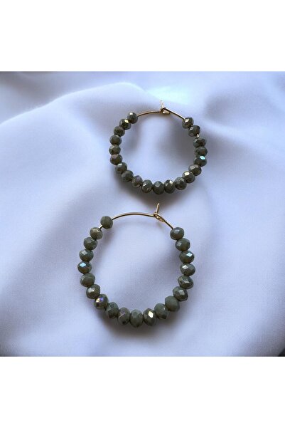 ALS Tasarım Dünyası Green Color Beads on Gold Color Chain Hoop Earrings