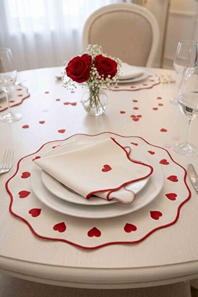 decofav Red Embroidered Heart on Ecru American Placemat 39X39 cm - 1 Piece