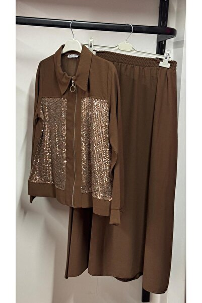 Leova Kadın Kahverengi Payet Detaylı İkili Takım - Fermuarlı Ceket ve Etek Takım