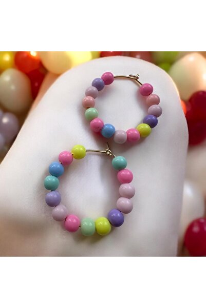 ALS Tasarım Dünyası Gold Color Colorful Beaded Hoop Earring on Chain