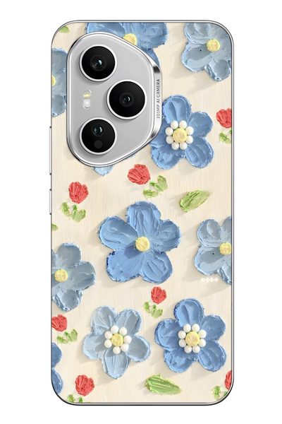 FLAMENKO Honor 400 Pro Uyumlu Mavi Yağlı Boya Çiçek Desenli Şeffaf Telefon Kı...