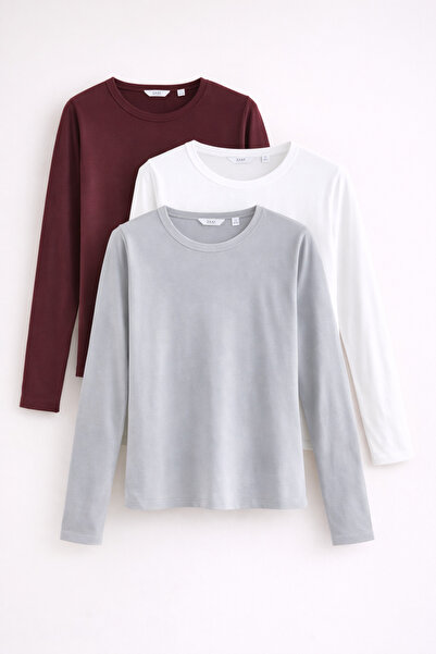 COMBİNE MİCHAİL Women's Long Sleeve Cotton Basic Slim Fit 3-Piece Blouse