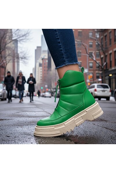 Modlet.ro Women's green thick-sole leather boots with zipper MOD10460