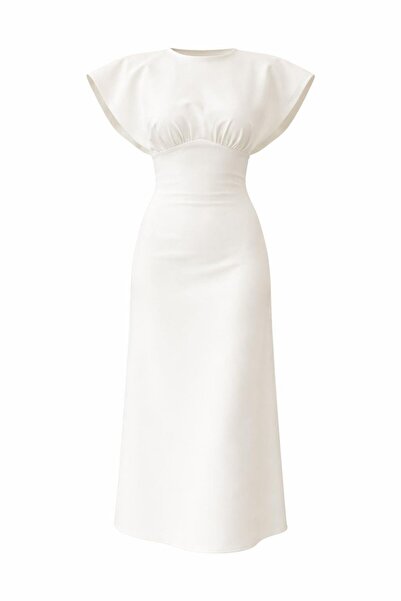 HAZELANNA Bel Büzgü Detaylı Beyaz Elbise