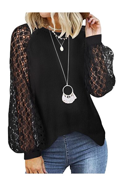 OEM Women's Sweater, Puff Sleeve Blouse with Lace, Honeycomb Knit, Black, Siz...