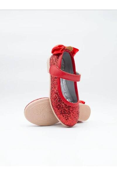 Ege Kids Kız Çocuk Kırmızı Simli Fiyonklu Kaydırmaz Tabanlı Ortopedik Babet