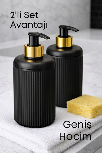 grimorlife 2 Adet Premium Siyah Gold Sıvı Sabunluk Seti – Banyo & Mutfak Uyumlu 400 ML