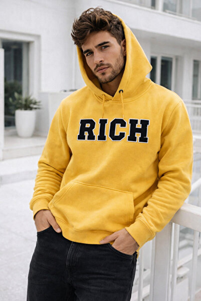 Rich Мъжка жълта памучна блуза с качулка и принт