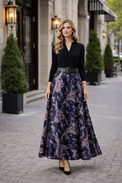 ŞIK VE MUTLU Shawl Pattern Self-Belted Bell Model Skirt