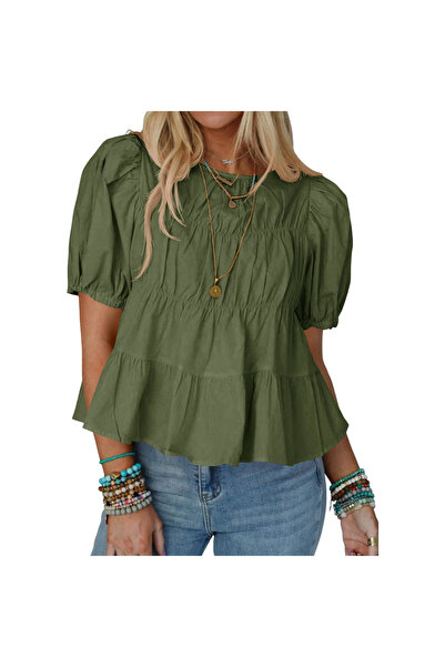 OEM Bluză Damă Babydoll - 100% Bumbac, Mâneci Bufante, Respirabilă - Verde, M...