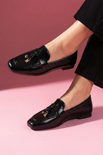 FUGA MODA Viona Black Wrinkled Patent Leather Loafer Ballerinas with Mini Bow...