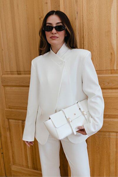 Zey Studio Women's Ecru Side Button Detailed Blazer Jacket