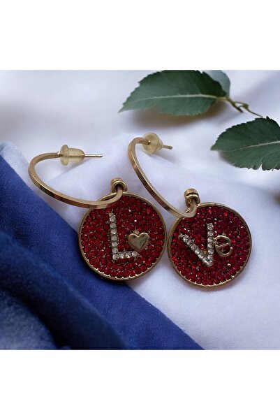 ALS Tasarım Dünyası Gold and Red Color Zircon Stone Stylish Earrings with Lov...