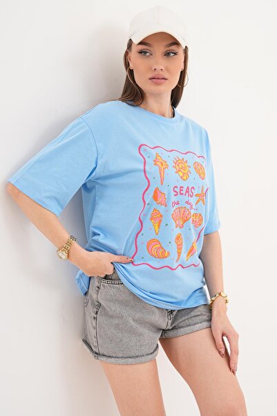 ŞİMAL Women's Print Detailed Crew Neck Oversize T-Shirt 260156 -