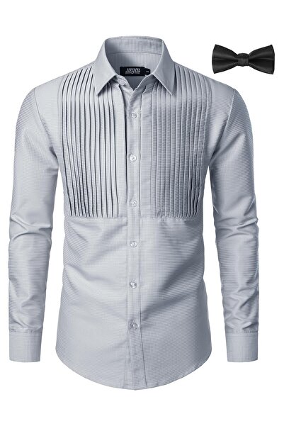 OEM Men's Tuxedo Shirt - Elegant, Pleated Front, Gray, Size M - Includes Blac...