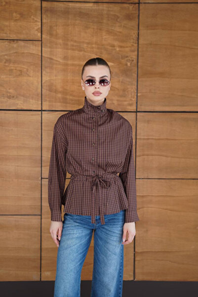 Sorridi Waist-Tied High Collar Plaid Shirt Brown