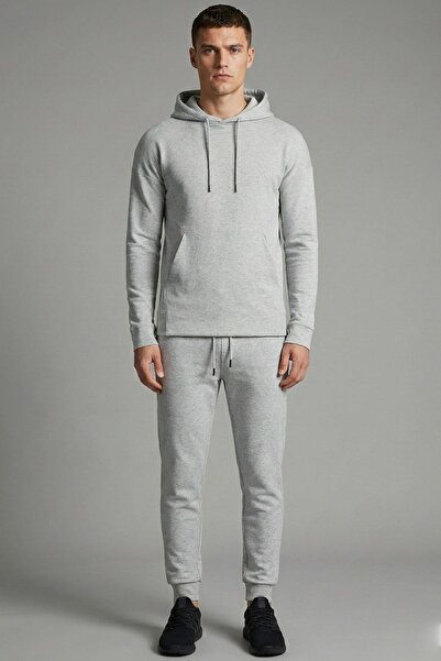 Sabri Özel Giotelli Gray Melange Regular Fit Cotton Hooded Tracksuit Set