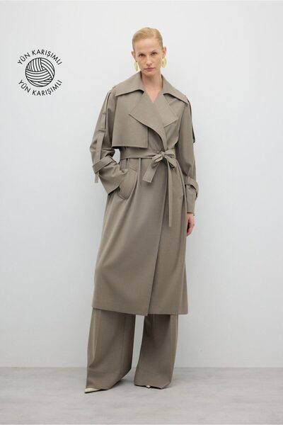 Roman Beli Kuşaklı Yün Karışımlı Geniş Kesim Pardesü Kum Beji K2618302_267