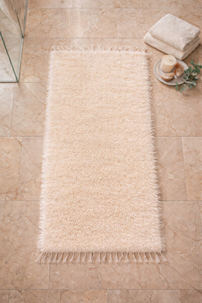 LaraLisa El Dokuma Bambu Viskon Yumuşak İplik 70x140 cm Peluş Halı Paspas Krem
