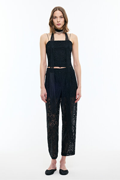 Roman Dantel Detaylı Düz Paça Pantolon Siyah YY012064_001