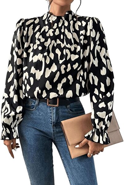 OEM Bluză Damă Elegantă - Cu Volănașe, Guler Tunică, Mânecă Lungă - Alb/Negru, M