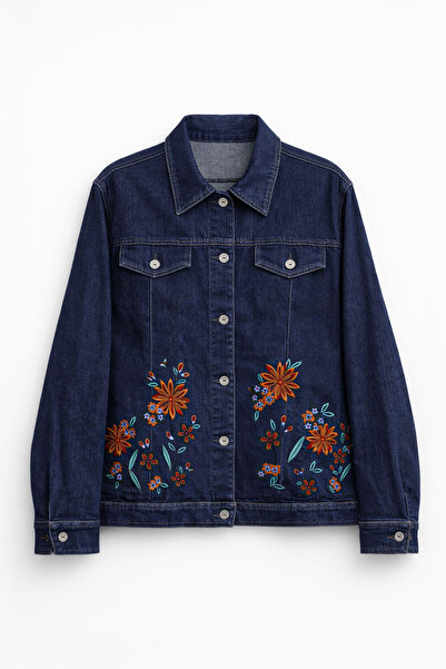 Bluewhite Women's Navy Blue Floral Patterned Buttoned Lycra Jean Jacket