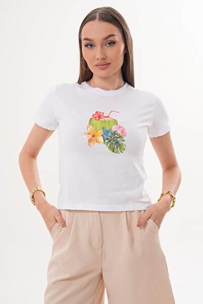 ŞİMAL تي شيرت نسائي بطباعة مفصلة وياقة دائرية 260138 -