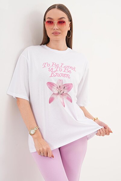 ŞİMAL تي شيرت نسائي كبير الحجم بياقة دائرية وتفاصيل مطبوعة 260150 -