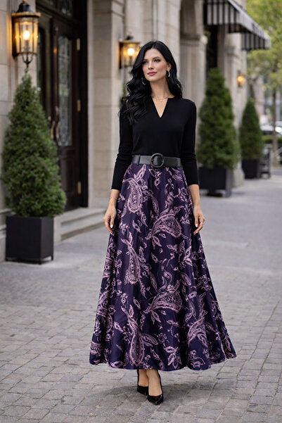 ŞIK VE MUTLU Shawl Pattern Self-Belted Bell Model Skirt