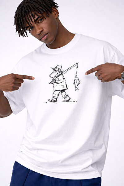 YOLO STREET Oversize White T-Shirt 100% Cotton – Minimal Fisherman Illustrati...