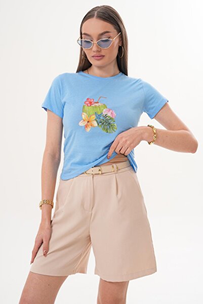 ŞİMAL Γυναικείο μπλουζάκι με λεπτομέρεια στάμπας και λαιμόκοψη  "ποδήλατο " 2...