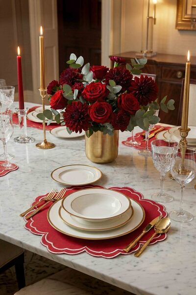 decofav Bloom Red Fabric Pink Embroidered American Placemat 39X39 cm - 1 Piece