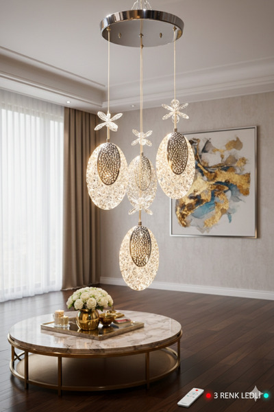 Akgül 4'lü Hilal Krom Kumandalı Led Avize 3 Renkli