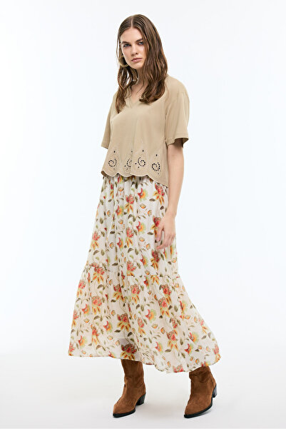 Roman Çiçek Desenli Beli Lastikli Midi Boy Etek Standart Renk YY015070_089