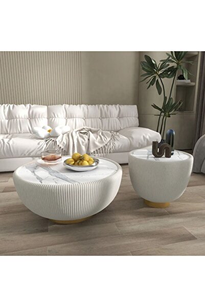 AWD Modern White Round Coffee Table and End Table Set with Ceramic Top