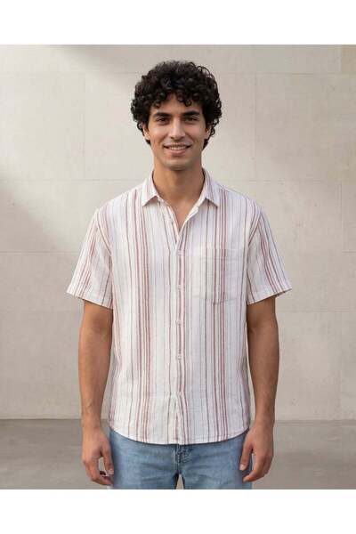 REDTAG Men White And Red Striped Short Sleeve Dobby Shirt