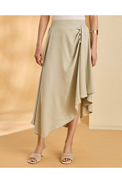 REDTAG Women's Mint Satin Side Pleated Handkerchief Hem Midi Skirt