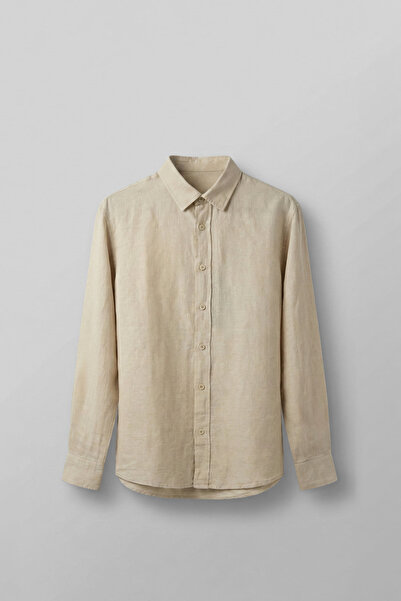 ablukaonline Men's Regular Fit Linen Basic Long Sleeve Shirt Beige