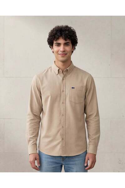 REDTAG Men Beige Button Down Oxford Shirt